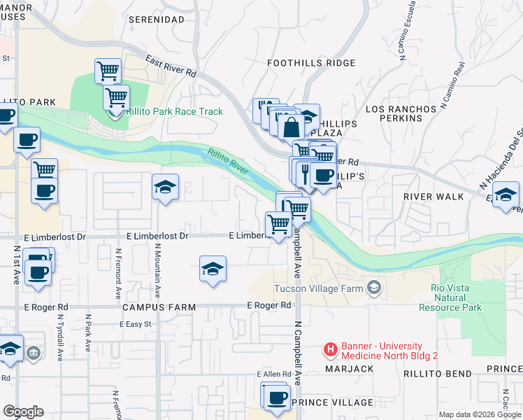 map of restaurants, bars, coffee shops, grocery stores, and more near 4242 North Rillito Creek Place in Tucson