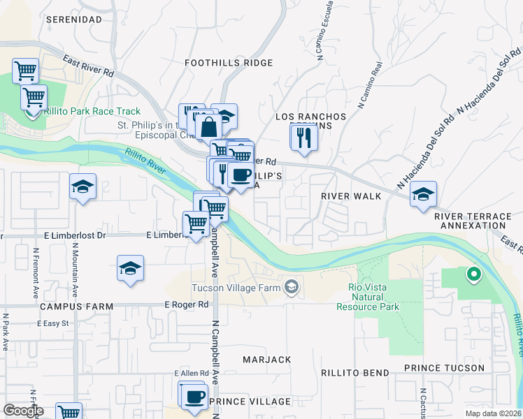 map of restaurants, bars, coffee shops, grocery stores, and more near 2016 East River Road in Tucson