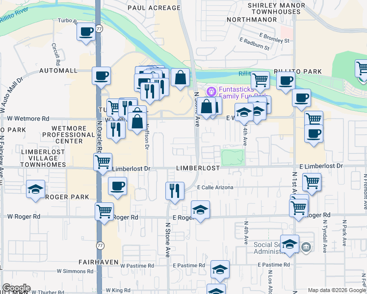 map of restaurants, bars, coffee shops, grocery stores, and more near 59 East Villas Circle in Tucson