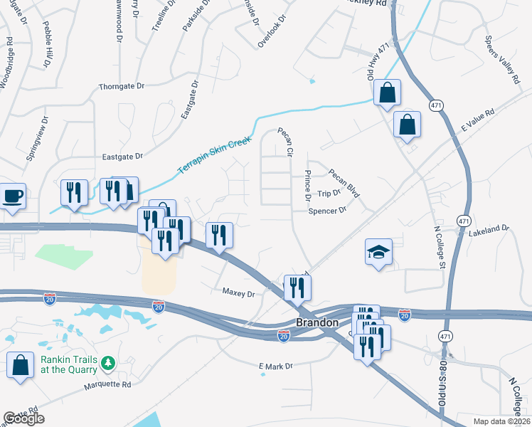 map of restaurants, bars, coffee shops, grocery stores, and more near 2014 Rolling Hill Dr in Brandon
