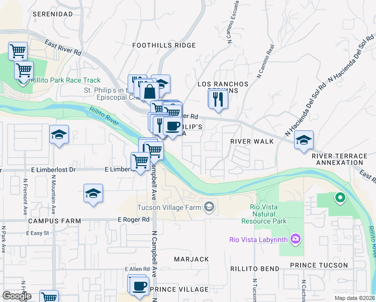 map of restaurants, bars, coffee shops, grocery stores, and more near 2016 East River Road in Tucson