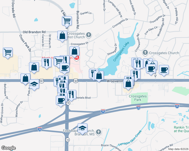 map of restaurants, bars, coffee shops, grocery stores, and more near 3 Stonegate Drive in Brandon