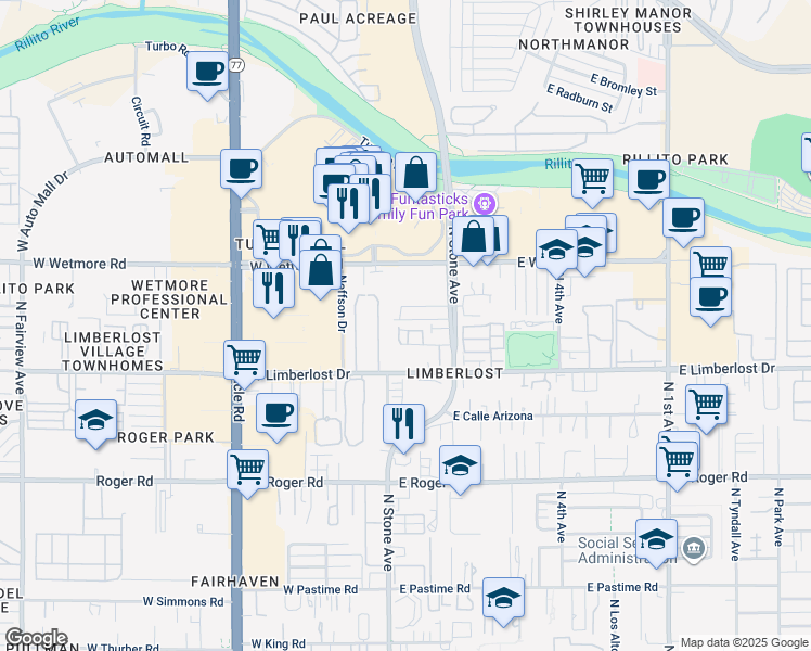 map of restaurants, bars, coffee shops, grocery stores, and more near 59 East Villas Circle in Tucson
