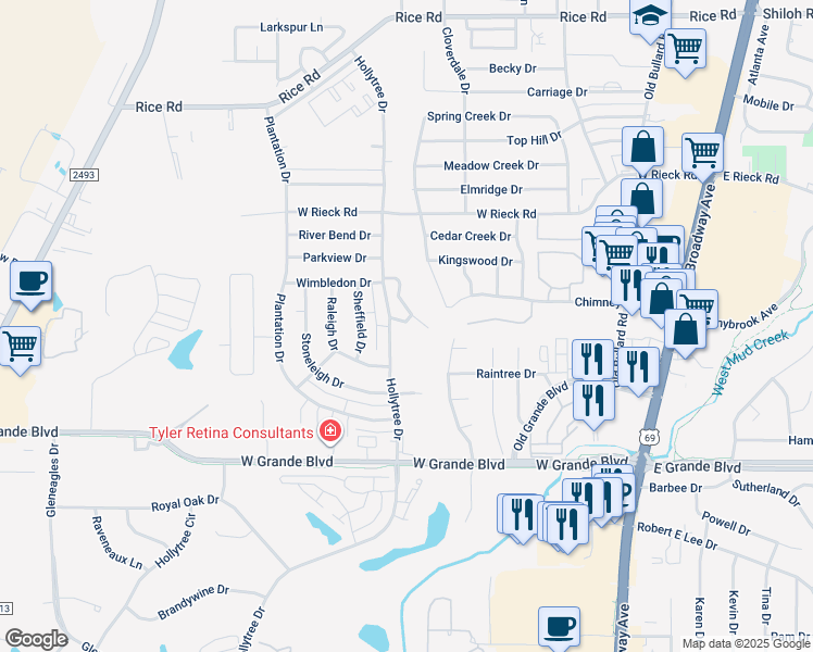 map of restaurants, bars, coffee shops, grocery stores, and more near 933 Creekside Drive in Tyler