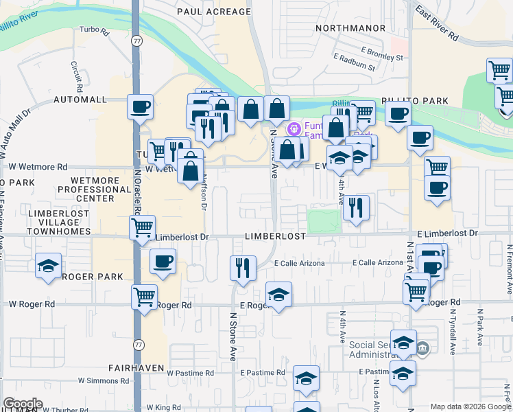 map of restaurants, bars, coffee shops, grocery stores, and more near 79 East Villas Circle in Tucson