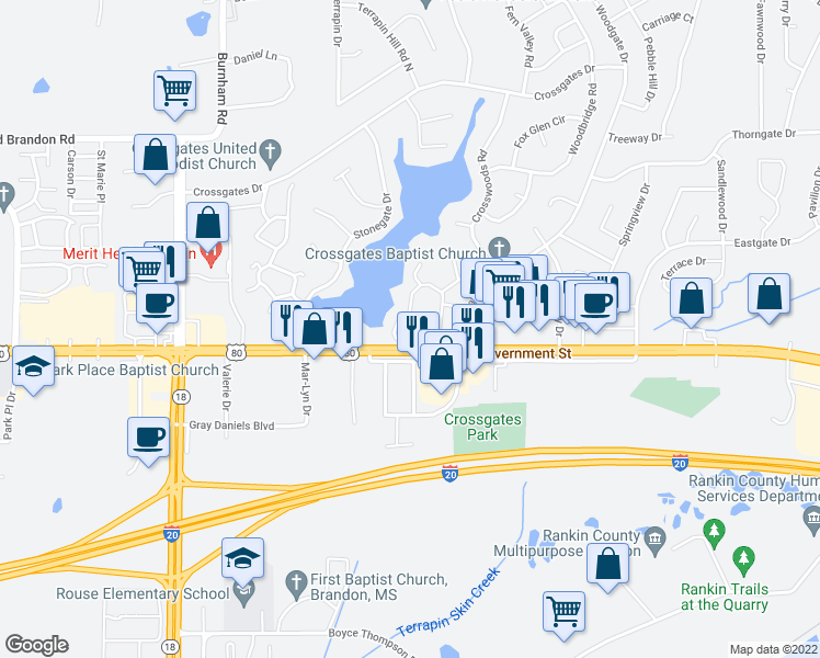 map of restaurants, bars, coffee shops, grocery stores, and more near 185 Lakebend Circle in Brandon