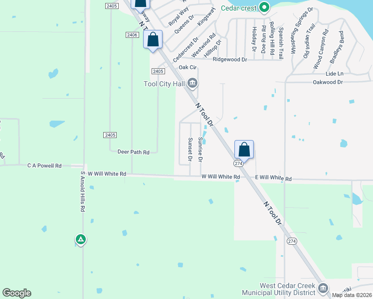 map of restaurants, bars, coffee shops, grocery stores, and more near 304 Sunset Drive in Tool