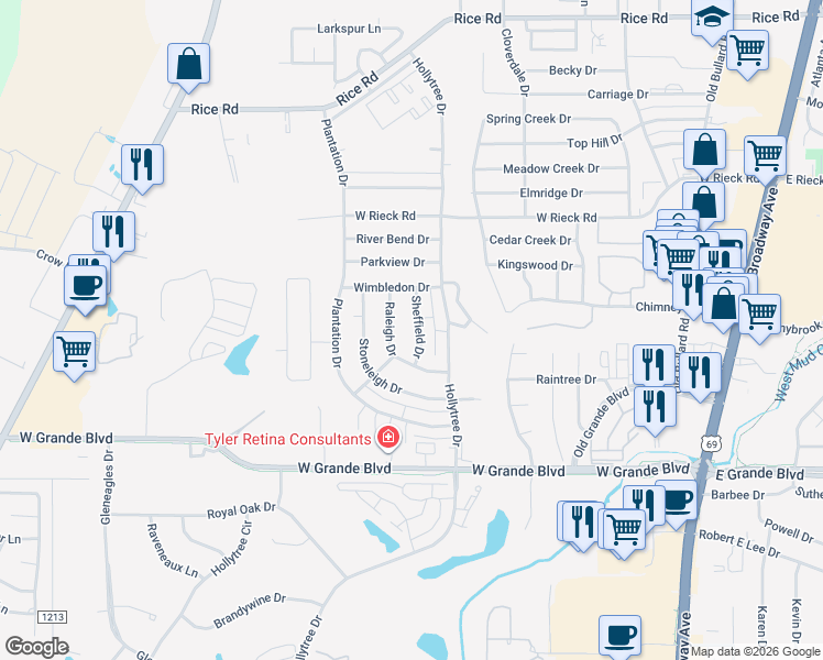 map of restaurants, bars, coffee shops, grocery stores, and more near 5901 Sheffield Dr in Tyler