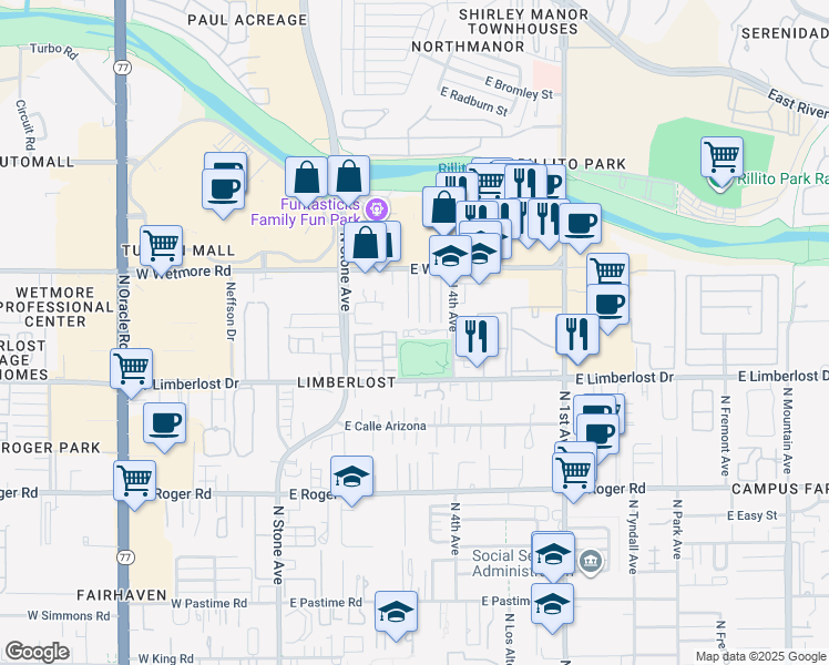 map of restaurants, bars, coffee shops, grocery stores, and more near 4267 North 4th Avenue in Tucson