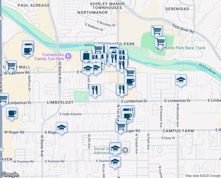 map of restaurants, bars, coffee shops, grocery stores, and more near 4225 North 1st Avenue in Tucson