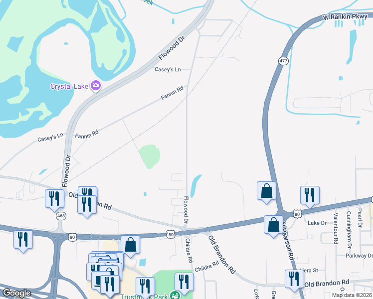 map of restaurants, bars, coffee shops, grocery stores, and more near 3561 Flowood Drive in Flowood