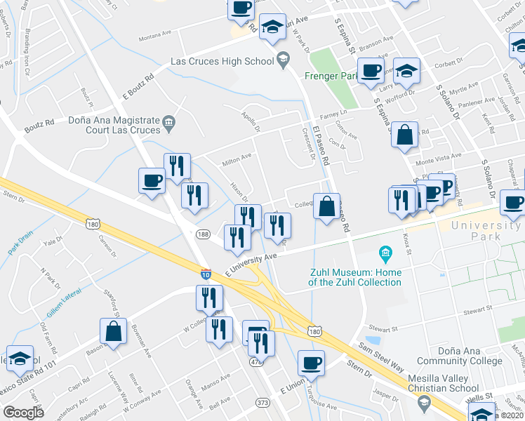 map of restaurants, bars, coffee shops, grocery stores, and more near 400 Monte Vista Avenue in Las Cruces