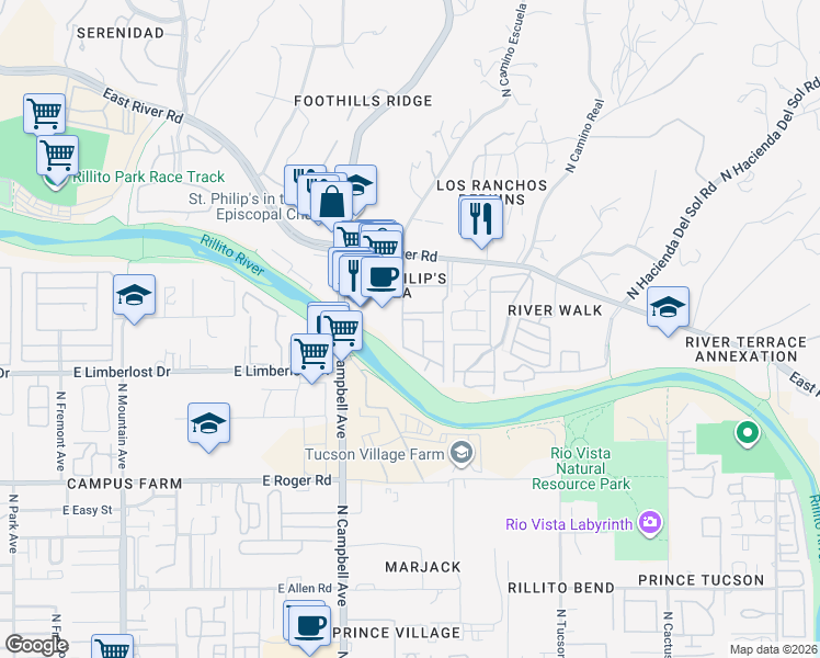 map of restaurants, bars, coffee shops, grocery stores, and more near 2016 East River Road in Tucson