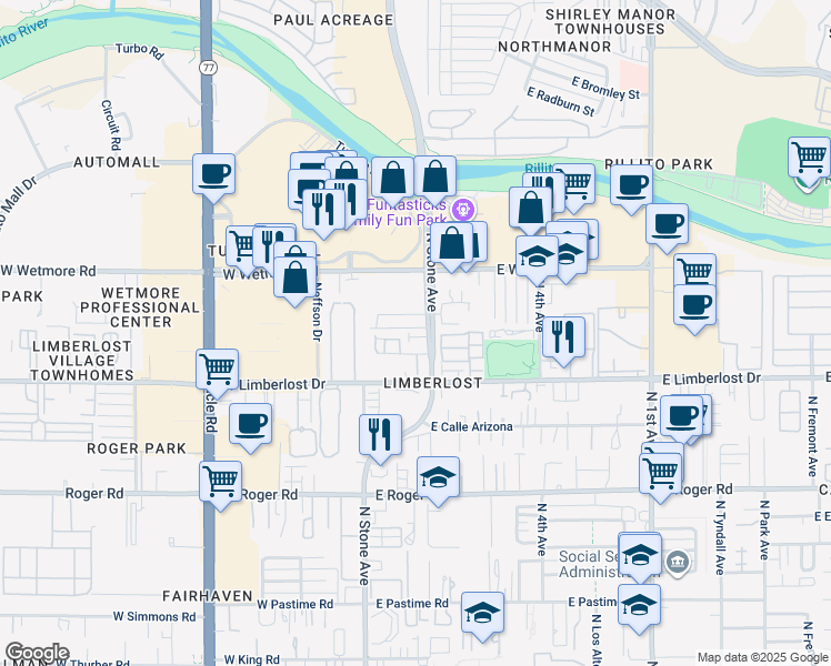 map of restaurants, bars, coffee shops, grocery stores, and more near 155 North Stone Avenue in Tucson