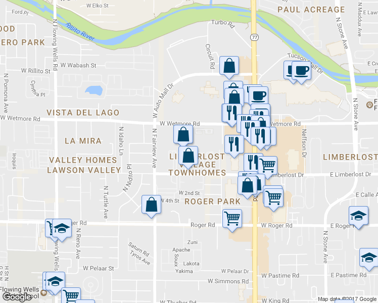 map of restaurants, bars, coffee shops, grocery stores, and more near 4240 North 16th Place in Tucson