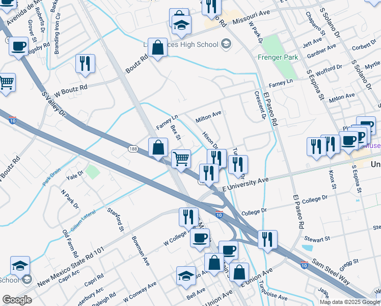 map of restaurants, bars, coffee shops, grocery stores, and more near 226 Desert Rose Court in Las Cruces