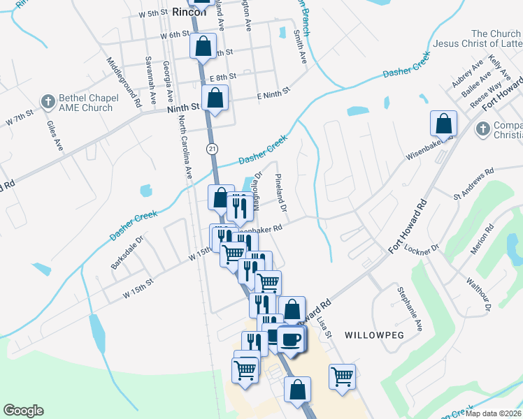 map of restaurants, bars, coffee shops, grocery stores, and more near 201 East Myrtle Street in Rincon