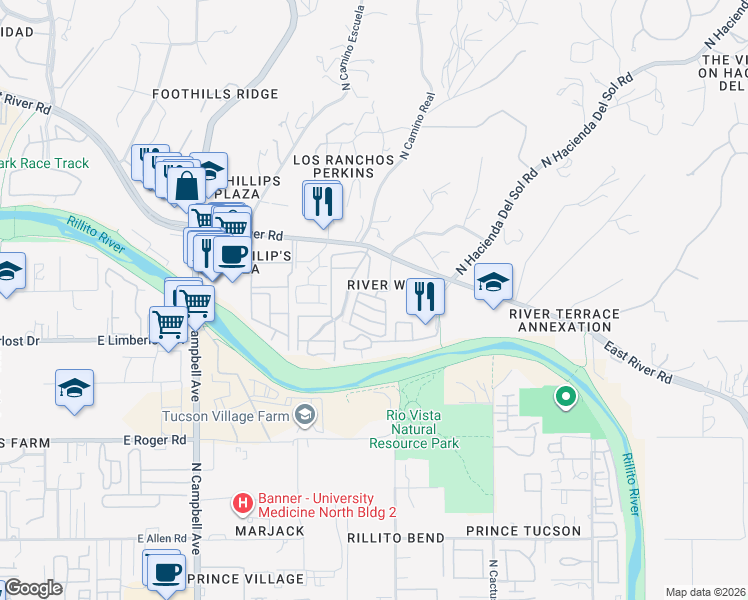 map of restaurants, bars, coffee shops, grocery stores, and more near in Tucson