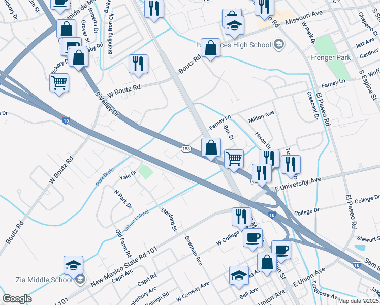 map of restaurants, bars, coffee shops, grocery stores, and more near 2210 South Valley Drive in Las Cruces