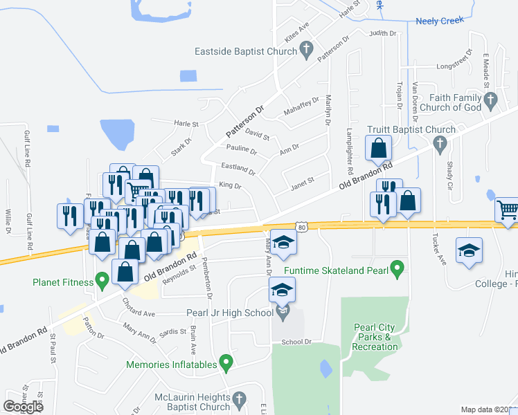 map of restaurants, bars, coffee shops, grocery stores, and more near 104 King Drive in Pearl