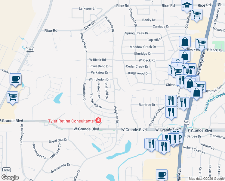 map of restaurants, bars, coffee shops, grocery stores, and more near 5831 Hollytree Drive in Tyler