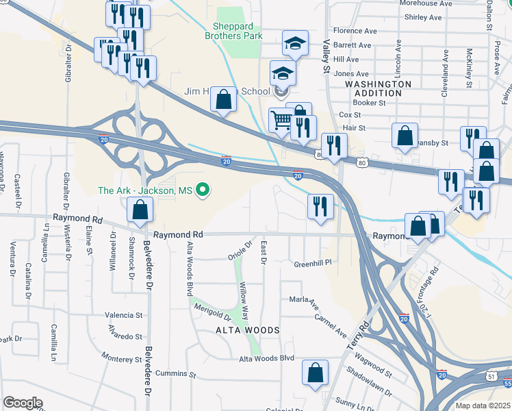 map of restaurants, bars, coffee shops, grocery stores, and more near 1734 McGee Street in Jackson