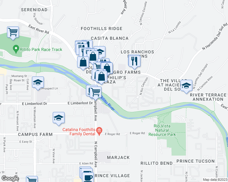 map of restaurants, bars, coffee shops, grocery stores, and more near 2016 East River Road in Tucson