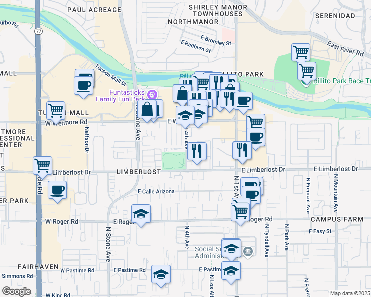 map of restaurants, bars, coffee shops, grocery stores, and more near 4301 North 4th Avenue in Tucson