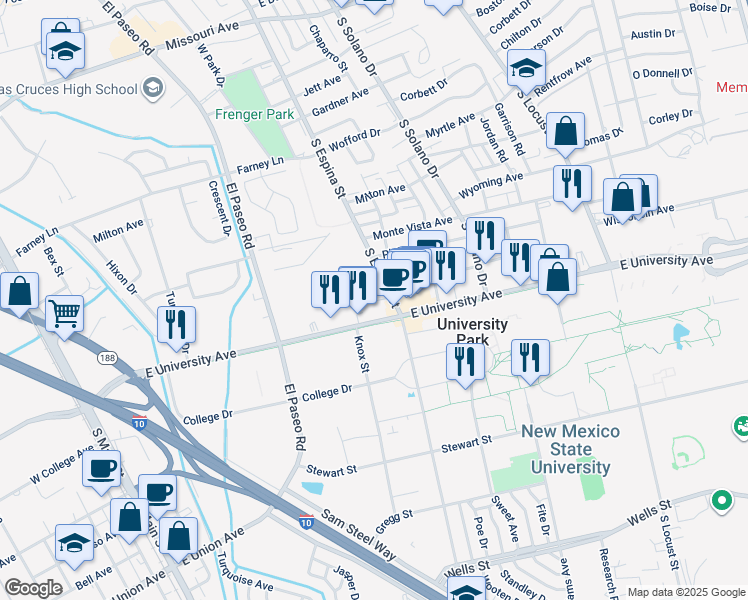 map of restaurants, bars, coffee shops, grocery stores, and more near 2630 South Espina Street in Las Cruces