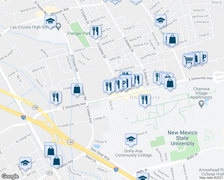 map of restaurants, bars, coffee shops, grocery stores, and more near 2630 South Espina Street in Las Cruces