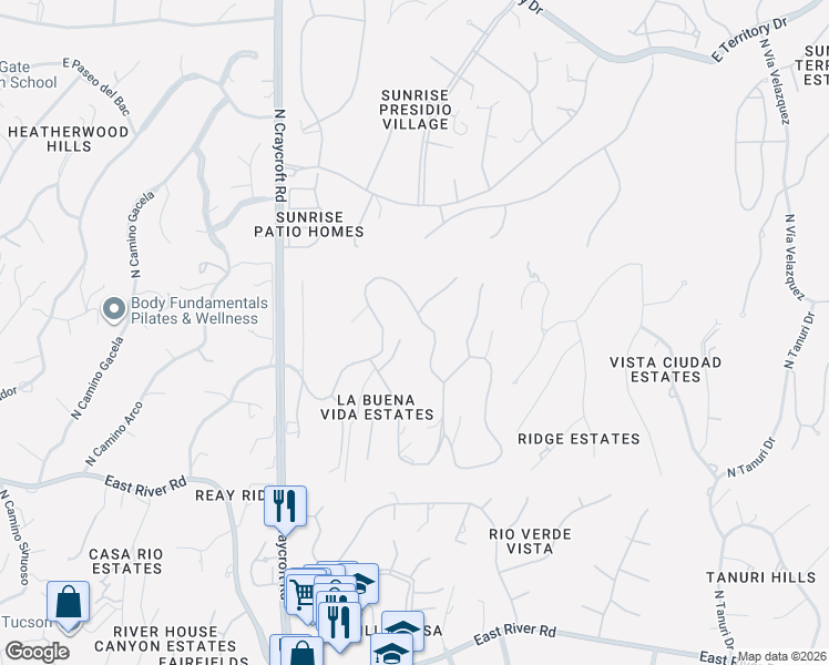 map of restaurants, bars, coffee shops, grocery stores, and more near 5746 East Camino del Celador in Tucson