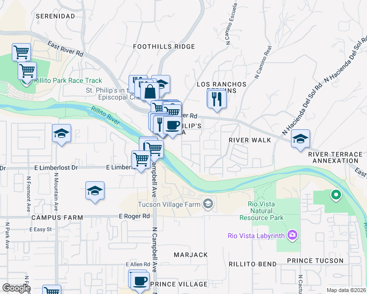 map of restaurants, bars, coffee shops, grocery stores, and more near 2016 East River Road in Tucson