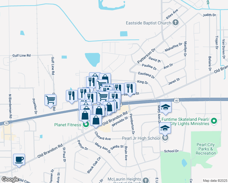 map of restaurants, bars, coffee shops, grocery stores, and more near 200 George Wallace Drive in Pearl