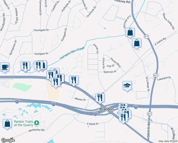 map of restaurants, bars, coffee shops, grocery stores, and more near 2014 Rolling Hill Drive in Brandon