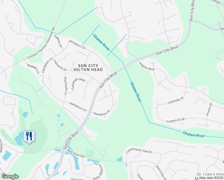 map of restaurants, bars, coffee shops, grocery stores, and more near 1 Bellavista Court in Bluffton