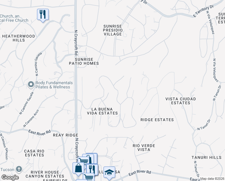 map of restaurants, bars, coffee shops, grocery stores, and more near 5746 East Camino del Celador in Tucson