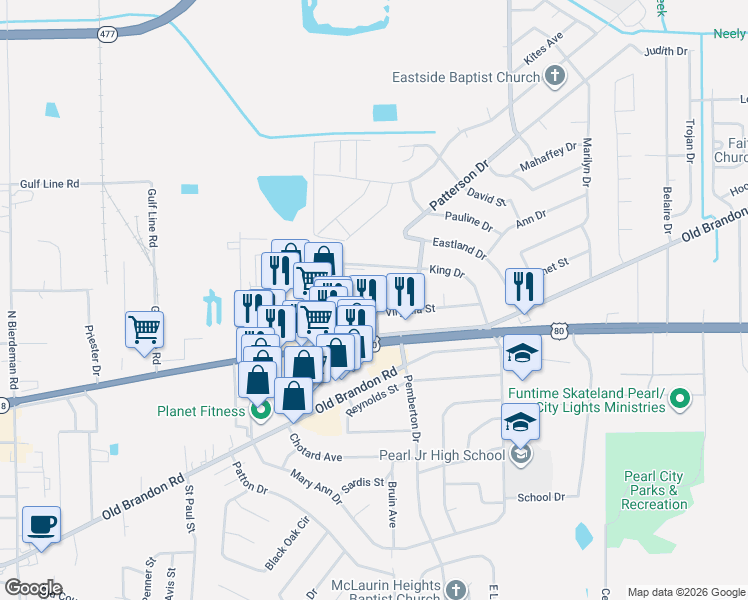 map of restaurants, bars, coffee shops, grocery stores, and more near 1918 Barnett Drive in Pearl