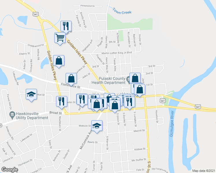 map of restaurants, bars, coffee shops, grocery stores, and more near in Hawkinsville