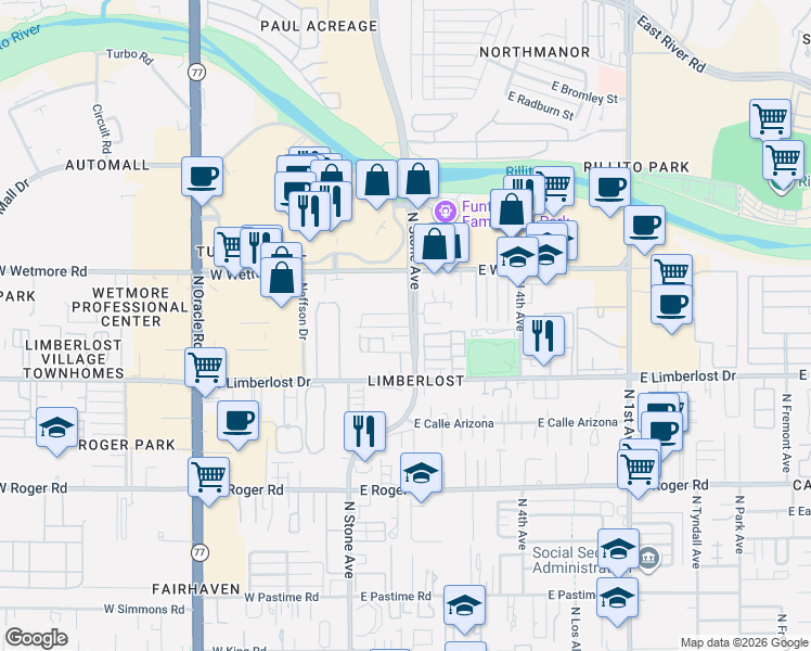 map of restaurants, bars, coffee shops, grocery stores, and more near 173 East Stone Court in Tucson