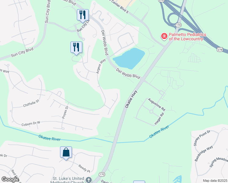 map of restaurants, bars, coffee shops, grocery stores, and more near 35 Raymond Road in Bluffton
