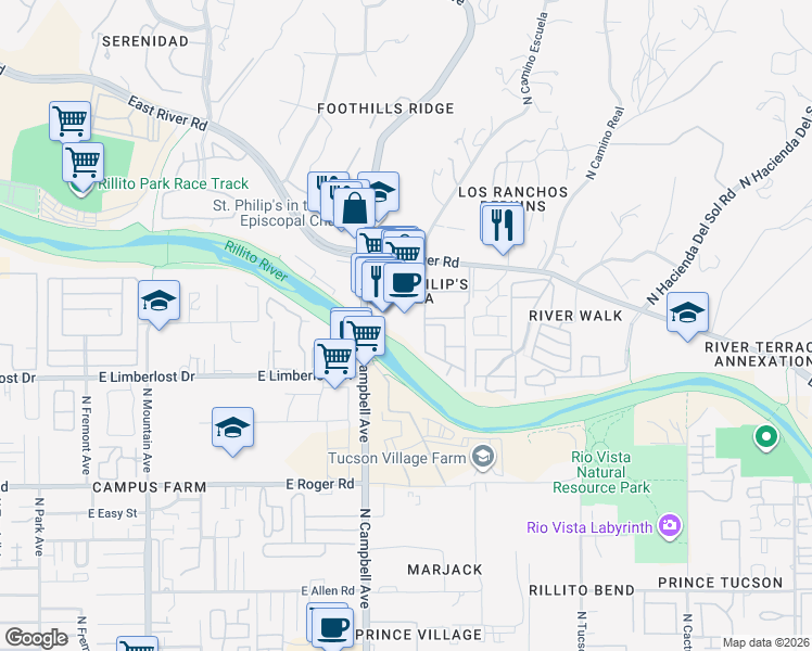 map of restaurants, bars, coffee shops, grocery stores, and more near 4270 N Campbell Ave in Tucson