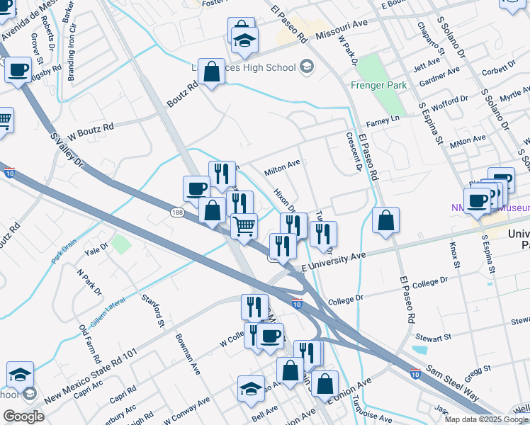 map of restaurants, bars, coffee shops, grocery stores, and more near 226 Desert Rose Court in Las Cruces