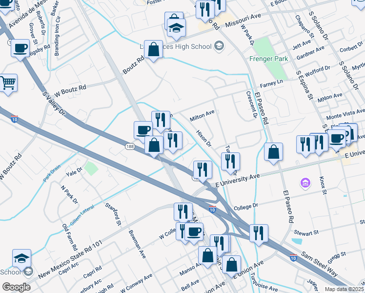 map of restaurants, bars, coffee shops, grocery stores, and more near 226 Desert Rose Court in Las Cruces