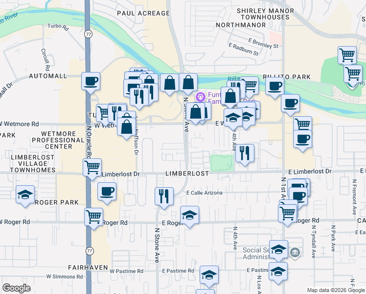 map of restaurants, bars, coffee shops, grocery stores, and more near 155 North Stone Avenue in Tucson