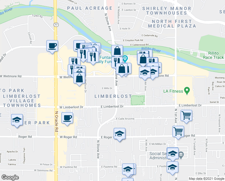 map of restaurants, bars, coffee shops, grocery stores, and more near 155 North Stone Avenue in Tucson