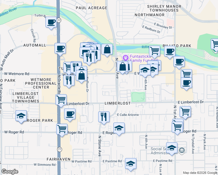 map of restaurants, bars, coffee shops, grocery stores, and more near 59 East Villas Circle in Tucson