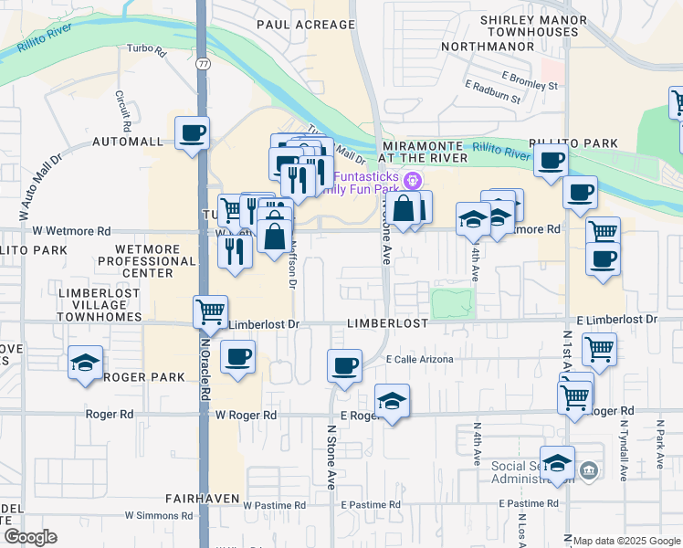 map of restaurants, bars, coffee shops, grocery stores, and more near 59 East Villas Circle in Tucson