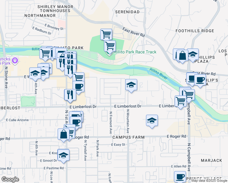 map of restaurants, bars, coffee shops, grocery stores, and more near 1111 East Limberlost Drive in Tucson