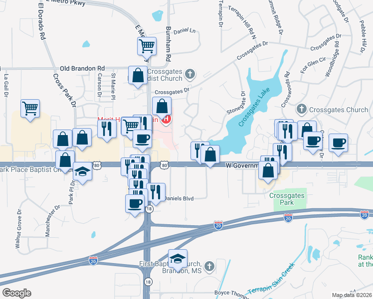map of restaurants, bars, coffee shops, grocery stores, and more near 64 Sycamore Ln in Brandon