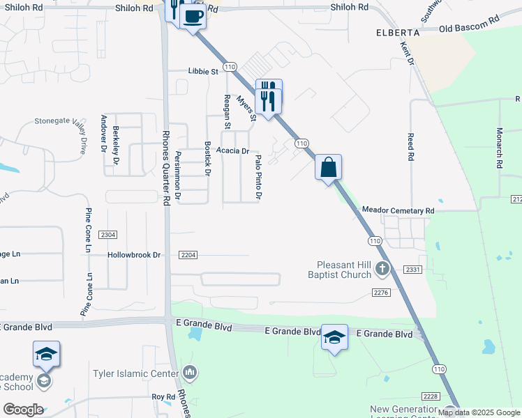 map of restaurants, bars, coffee shops, grocery stores, and more near 5878 Palo Pinto Dr in Tyler